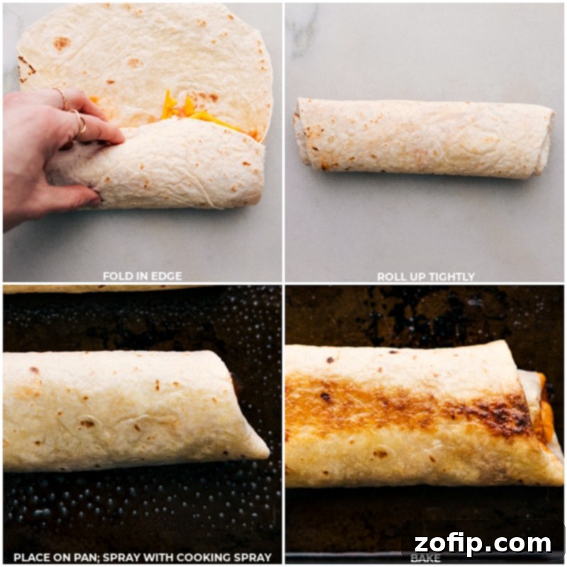 A series of images showing the process of folding and rolling a bean and cheese burrito, then baking it to a golden crisp.