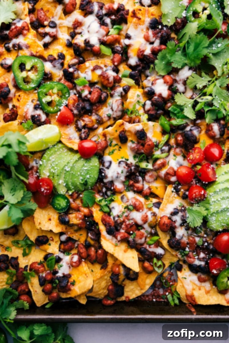 Veggie Nacho Fiesta 2 A vibrant platter of fully loaded Vegetarian Nachos, showcasing crispy chips, rich bean mixture, melted cheese, and fresh toppings like avocado and cilantro.
