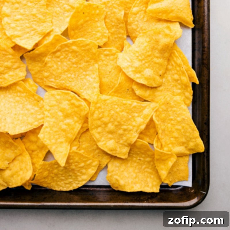The absolute best Vegetarian Nachos I've ever had! Perfect for any occasion, this easy-to-make recipe is loaded with flavorful seasoned beans, melty cheese, and fresh nacho toppings! Recipe via chelseasmessyapron #dinner #quick #easy #simple #familyfriendly #kidfriendly #comfortfood #nomeat #beans #chips #vegetarian #nachos Overhead shot of tortilla chips being artfully layered on a sheet pan, ready for the nacho toppings.