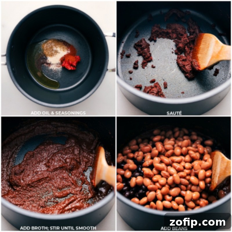 These are sure to be a hit with everyone at the table, from dedicated carnivores to veggie lovers! Perfect for any occasion, this easy-to-make recipe is loaded with flavorful seasoned beans, melty cheese, and fresh nacho toppings! Recipe via chelseasmessyapron #dinner #quick #easy #simple #familyfriendly #kidfriendly #comfortfood #nomeat #beans #chips #vegetarian #nachos Process images showing seasonings being sautéed in a pan, followed by the addition of broth and beans for the vegetarian nacho mixture.