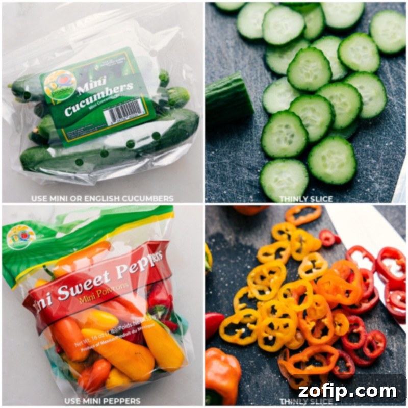 Fresh Veggies Being Chopped For Cucumber Pepper Salad Fresh cucumbers and mini peppers being chopped on a cutting board, preparing for the salad.
