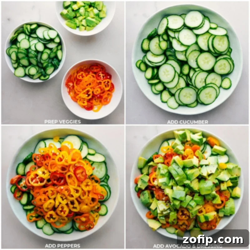 Cucumber Pepper Salad Combined In A Bowl All the prepped vegetables being combined in a large bowl, with dressing being poured over them.