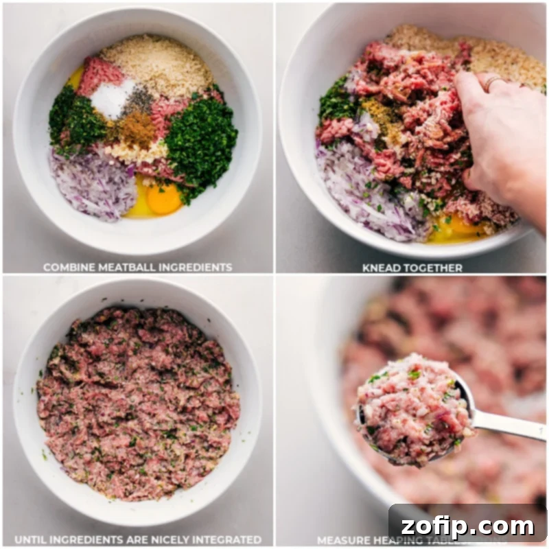 Process shots showing ingredients for Greek meatballs being combined