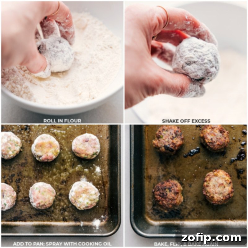 Process shots of Greek Meatball Bowls: rolling meatballs in flour and baking