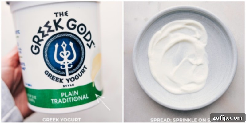 Process shots of Greek Meatball Bowls: layering Greek yogurt and salt