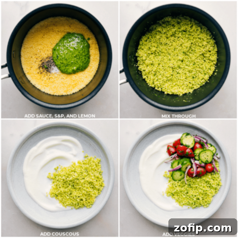 Process shots of Greek meatball bowls: dressing couscous and layering components