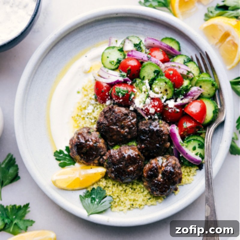 Overhead image of delicious Greek Meatball Bowls ready to be served