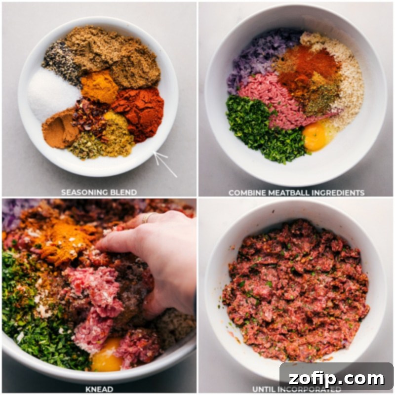 These Beef Kofta Meatballs are packed with a bold blend of Middle Eastern spices that result in a robust and flavorful profile. Serve them in a charred pita, accompanied by the best mint-yogurt sauce and fresh, crunchy veggies! Recipe via chelseasmessyapron #dinner #quick #easy #simple #familyfriendly #kidfriendly #beef #kofta #meatballs Process shots showing all the meatball ingredients being combined in one bowl, ready for mixing