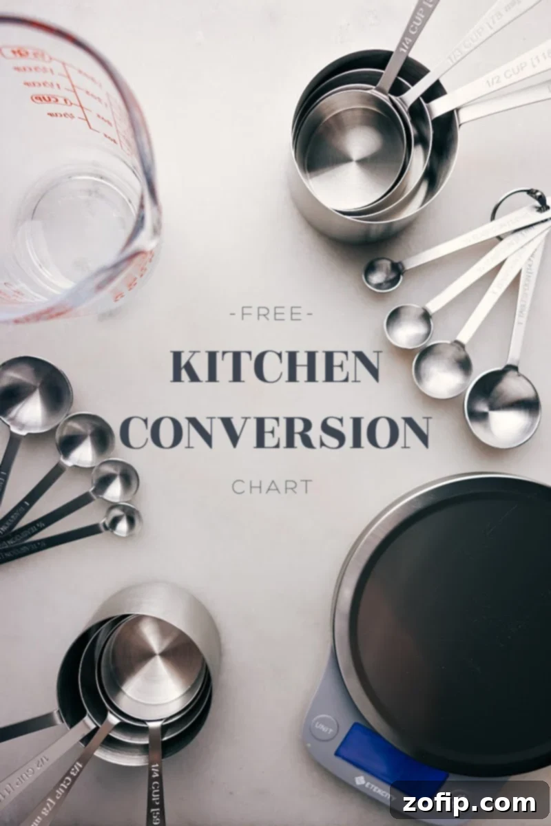 Printable Kitchen Conversion Chart displayed on a kitchen counter with various measuring tools for precise cooking and baking