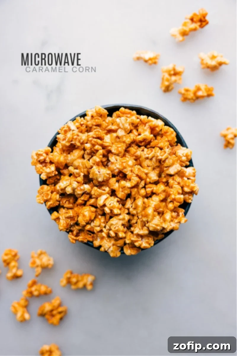 Overhead image of freshly made Microwave Caramel Corn in a serving bowl, perfect for sharing.