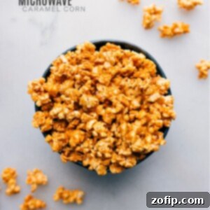 Final image of perfectly coated Microwave Caramel Corn in a serving bowl.