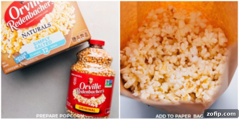 Close-up of popcorn kernels popping in a brown paper bag inside a microwave oven, illustrating one method of preparing popcorn for the recipe.