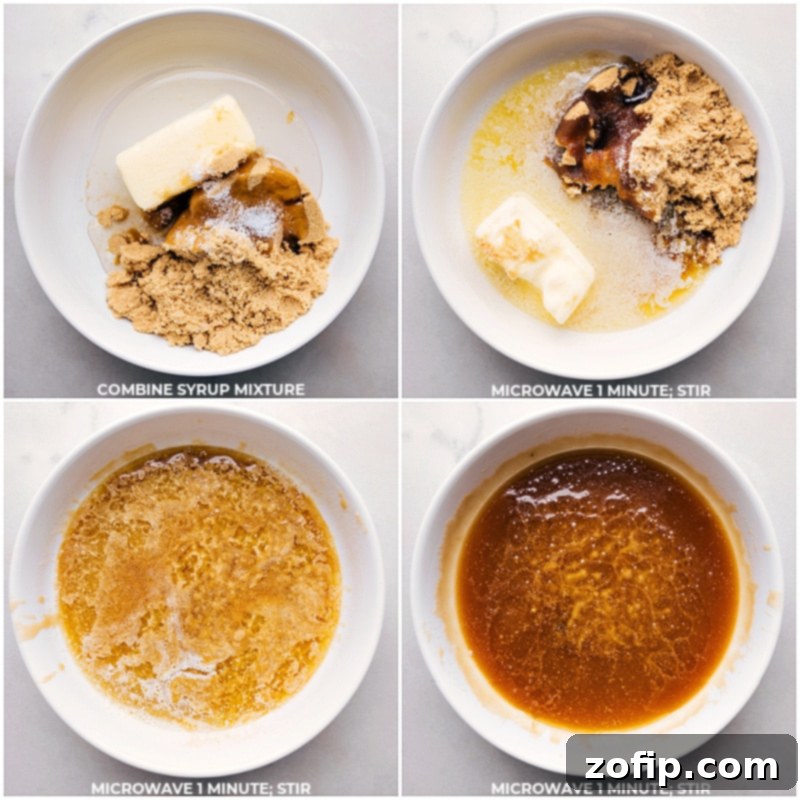 Close-up of butter, corn syrup, brown sugar, and salt being melted and stirred together in a large microwave-safe bowl, forming the caramel base.