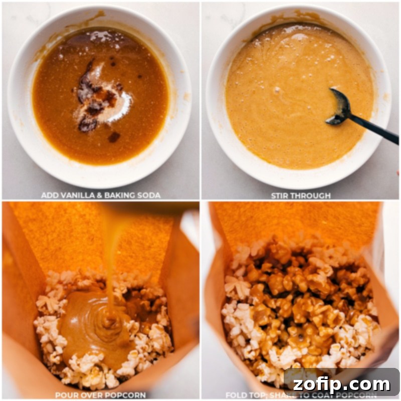 The foaming caramel mixture being carefully poured over a large bowl of popped popcorn, ready for mixing and microwaving.