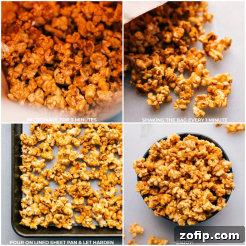 Process shots showing the caramel corn cooling on a baking sheet and then being enjoyed, highlighting the final delicious product.