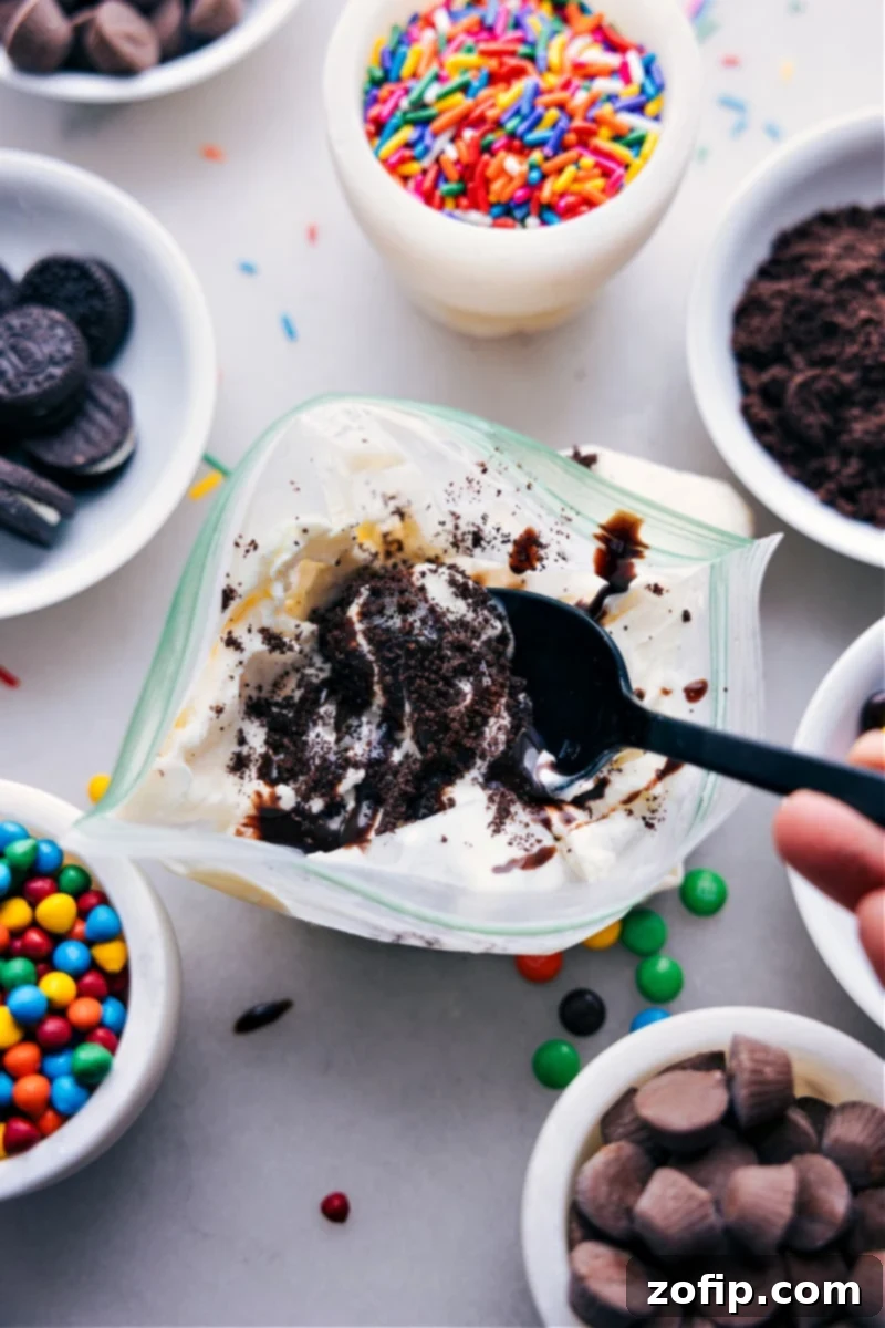 Delicious homemade ice cream in a bag, freshly made and ready for toppings. Overhead image of the ice cream in a bag, ready to be enjoyed with toppings