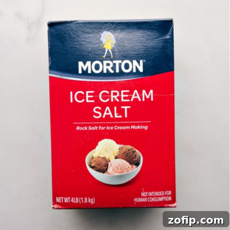 Rock salt, also known as ice cream salt, used in the recipe. Close-up image of rock salt crystals, essential for making ice cream in a bag