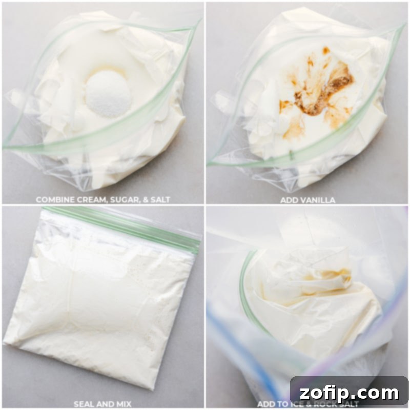 Assembling the ice cream mixture in a bag. Process shots showing cream, sugar, salt, and vanilla being added to a small resealable bag