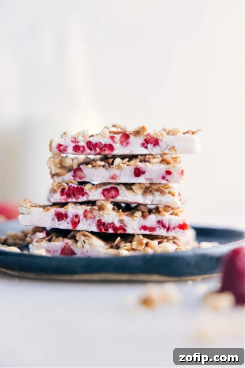 Close-up image of two stacked pieces of frozen Yogurt Bark, showcasing the creamy texture and raspberry swirls.