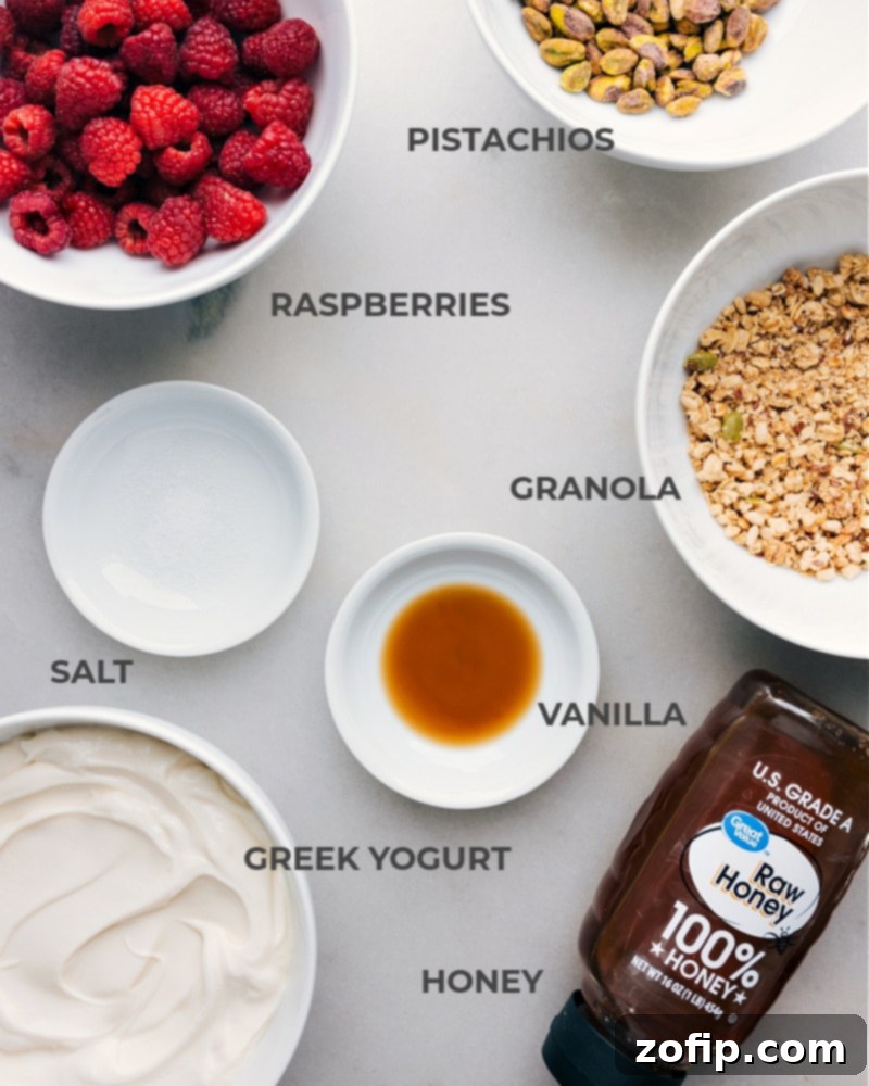 A flat lay image displaying all the fresh ingredients for homemade yogurt bark: Greek yogurt, honey, vanilla extract, sea salt, and fresh raspberries.
