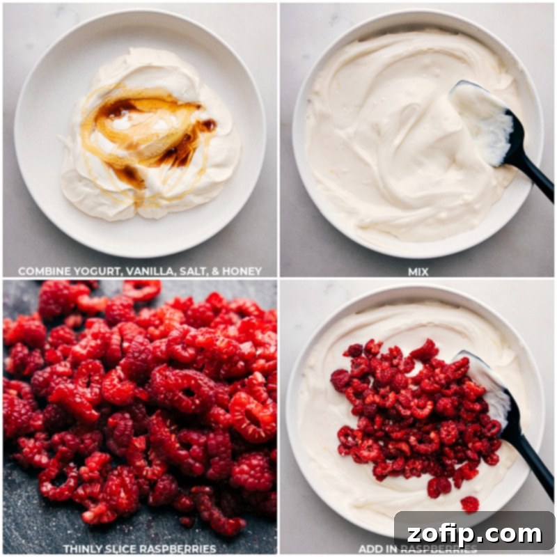 Step-by-step process images showing Greek yogurt, vanilla, salt, honey, and thinly sliced raspberries being combined in a mixing bowl.