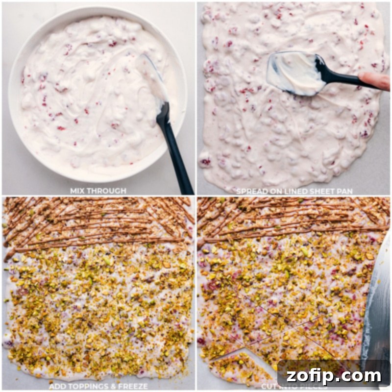 Process images showing Greek yogurt being spread on a parchment-lined sheet pan, topped with pistachios, granola, and an almond butter drizzle, then ready for freezing.