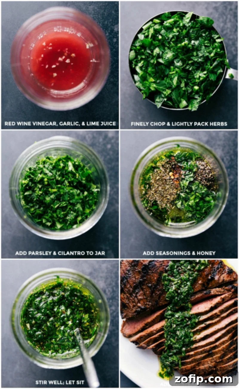 Perfectly Grilled Flank Steak 3 Creating homemade chimichurri sauce by mixing red wine vinegar, garlic, lime juice, fresh herbs, seasonings, and honey for a perfect finish.