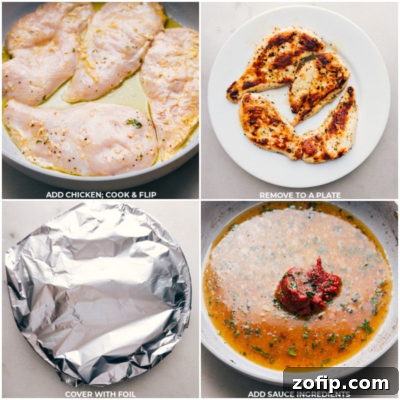 Process shots illustrating the sauce ingredients being whisked in the pan and chicken being cooked to a golden brown.