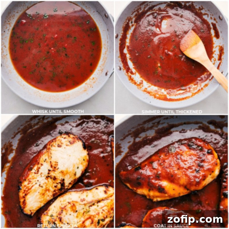 Process shots illustrating the cooked chicken returning to the simmering tomato basil sauce, ready to be served.