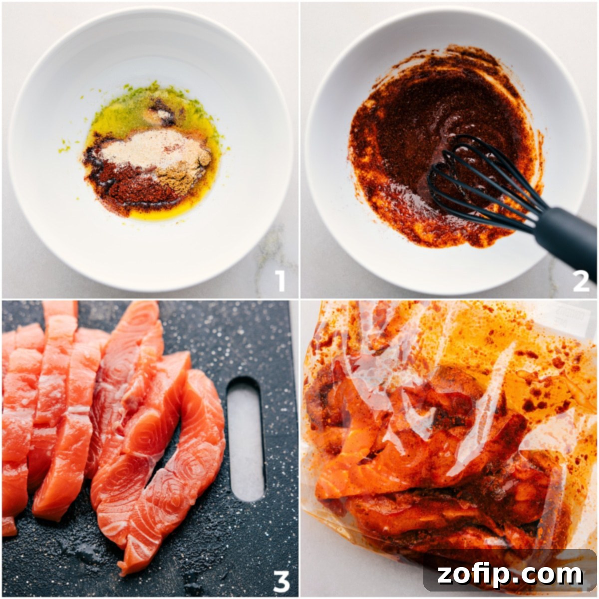 The savory marinade being applied to fresh salmon pieces, preparing them for the delicious salmon tacos.