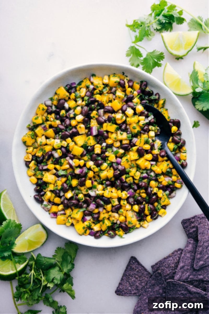 The Best Mango Black Bean Salsa Vibrant Mango Black Bean Salsa in a serving bowl, showcasing its colorful ingredients like yellow mango, black beans, and green cilantro, ready to be enjoyed as a refreshing snack or side dish.