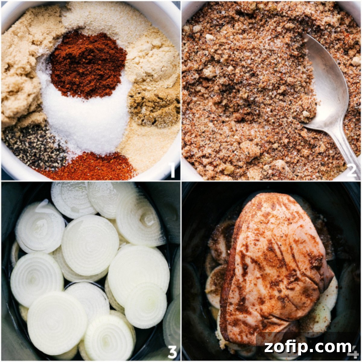 Making Crockpot BBQ Pulled Pork: Seasoning Pork, Adding to Crockpot with Onions and Apple Juice, Cooking, Shredding, and Sauce Raw bone-in pork shoulder butt roast coated with a savory spice mix, resting in a slow cooker alongside thinly sliced yellow onions and apple juice, ready for slow cooking.