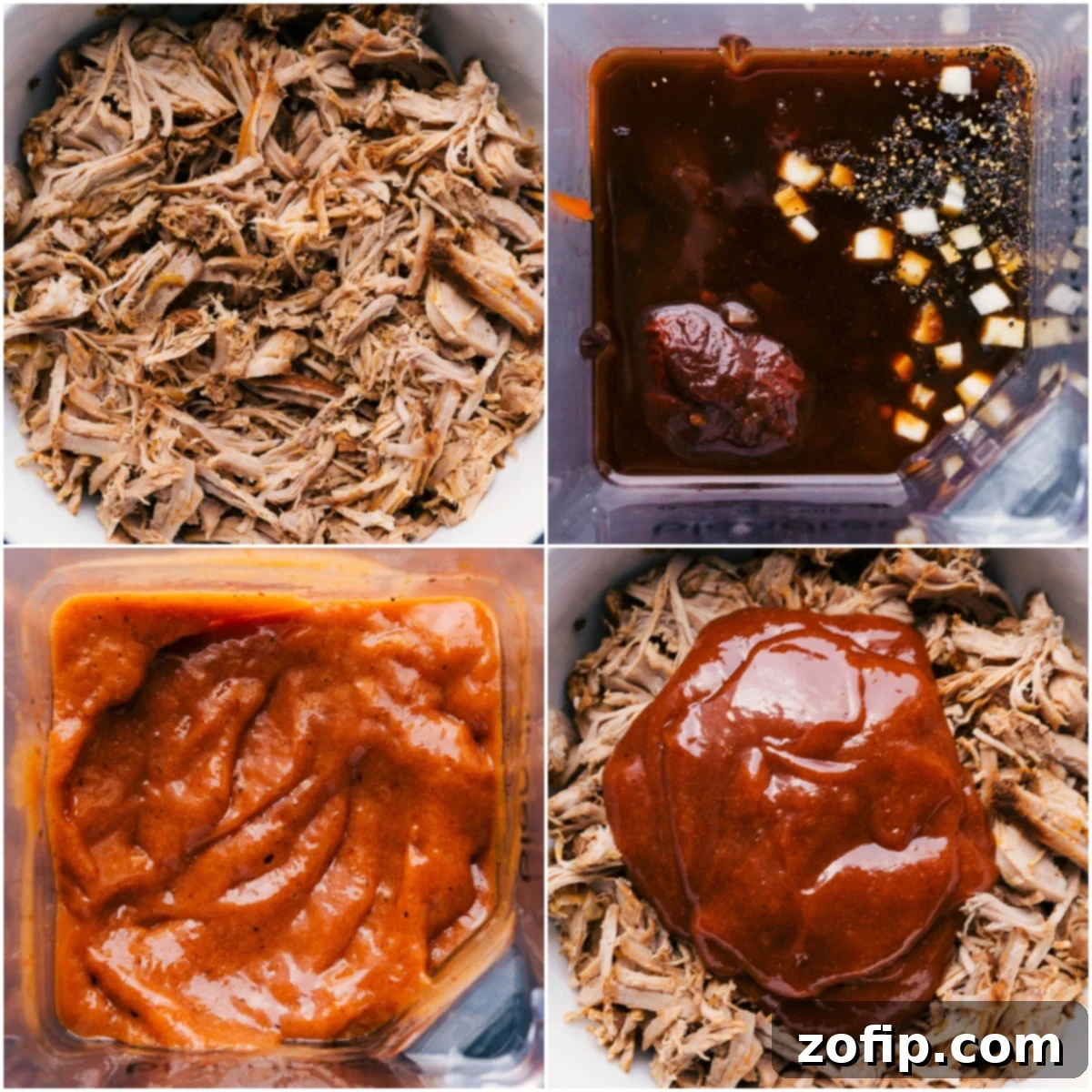 Shredded Pulled Pork Sandwich Recipe Perfectly shredded pulled pork, glistening with a rich, dark BBQ sauce, served in a slow cooker after being mixed. The tender strands of pork are ready to be piled onto buns for delicious sandwiches.