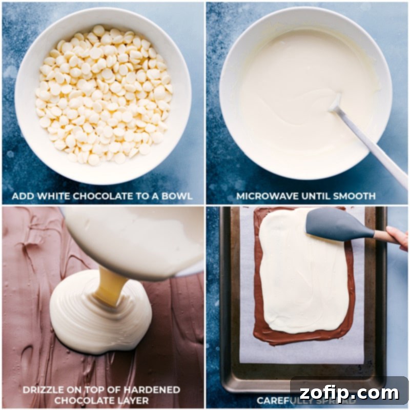 Detailed process shots showing melted white chocolate being carefully spread over a smooth, set milk chocolate layer, ready for patriotic toppings.
