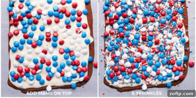 Close-up of the two-layer chocolate bark base, with the milk chocolate layer below and the smooth white chocolate layer on top, before any toppings are added.