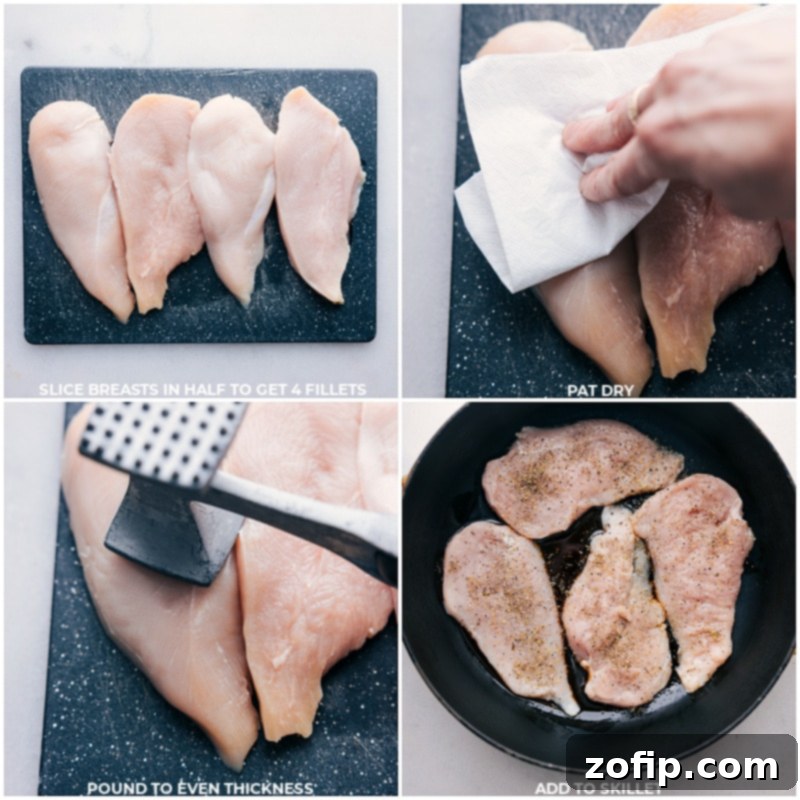 Marry Me Chicken boasts succulent chicken breasts seasoned with robust Italian spices, bathed in a rich, creamy sauce infused with tangy sun-dried tomatoes, savory Parmesan, and fragrant garlic. Recipe via ChelseasMessyApron.com #marryme #chicken #creamy #sauce #basil #elegant How to prepare chicken breasts for Marry Me Chicken: butterfly, pound to even thickness, and pat dry before searing in a skillet.