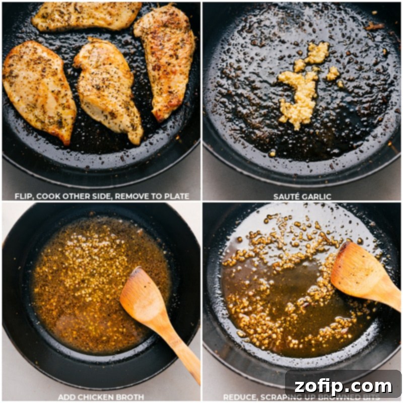 How To Cook The Perfect Marry Me Chicken Chicken being cooked to perfection in a skillet, followed by the addition of garlic and broth to begin building the creamy sauce for Marry Me Chicken.