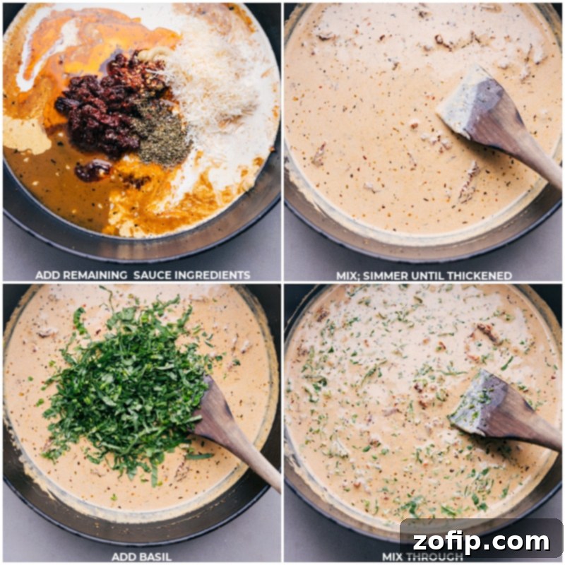 Irresistible Engagement Chicken 3 Creamy sauce for this Marry Me Chicken recipe being whisked and simmered together in a skillet, creating a rich and smooth consistency.