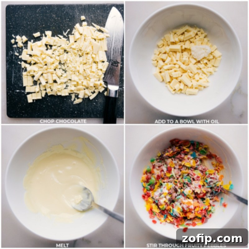 Process shots of Fruity Pebble Crunch Candy preparation: chopping chocolate, melting chocolate, and mixing with cereal