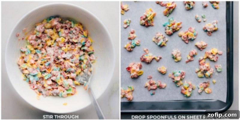 Process shots showing the chocolate-covered Fruity Pebbles being scooped onto a parchment-lined tray to chill