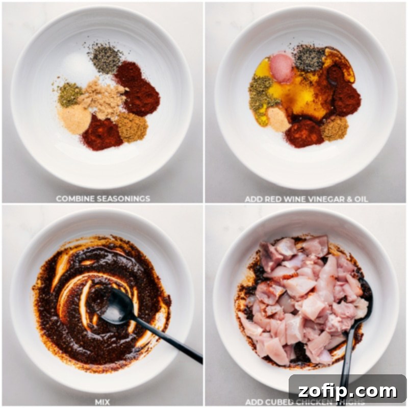 This Chipotle Chicken recipe offers an easy way to prepare bite-sized chicken pieces with a bold, smoky seasoning blend. It's a versatile recipe, perfect for a quick weeknight meal or incorporated into other dishes like tacos or salads. Recipe via chelseasmessyapron #dinner #quick #easy #simple #familyfriendly #kidfriendly #onepan #healthy #chipotle #chicken Process shots: images of the seasoning blend being mixed and then tossed with diced chicken thighs