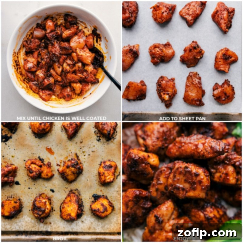This delicious Chipotle Chicken recipe offers an easy way to prepare bite-sized chicken pieces with a bold, smoky seasoning blend. The chicken thighs are coated in a robust seasoning blend, then broiled to achieve a caramelized exterior while keeping the interior tender. It's a versatile recipe, perfect for a quick weeknight meal or incorporated into other dishes like tacos or salads. Recipe via chelseasmessyapron #dinner #quick #easy #simple #familyfriendly #kidfriendly #onepan #healthy #chipotle #chicken Process shots of Chipotle Chicken: chicken pieces spread on a sheet pan, ready for broiling, and then broiling in the oven