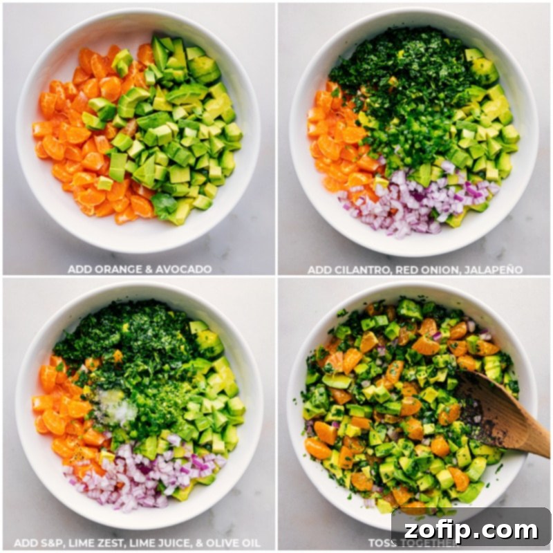 The making of Avocado-Orange Salsa: combining all fresh ingredients for a flavorful blend. Recipe via chelseasmessyapron #healthy #quick #easy #simple #sidedish #chips #dipandchips #summer #bbq #avocado #orange #salsa Series of images showing the step-by-step process of making Avocado-Orange Salsa: adding oranges, avocado, red onion, jalapeño, cilantro, lime juice/zest, olive oil, salt, and pepper into a mixing bowl.