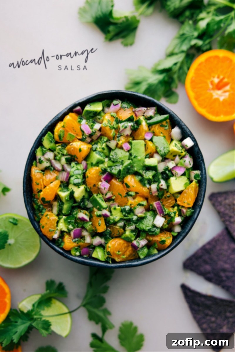 Zesty Orange Avocado Salsa 2 A vibrant bowl of Avocado-Orange Salsa garnished with fresh cilantro, ready to be served.