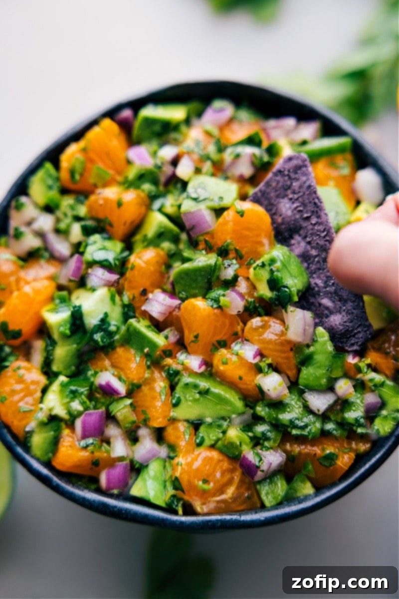 Zesty Orange Avocado Salsa 3 A close-up of a serving of Avocado-Orange Salsa, highlighting its fresh ingredients and vibrant colors.