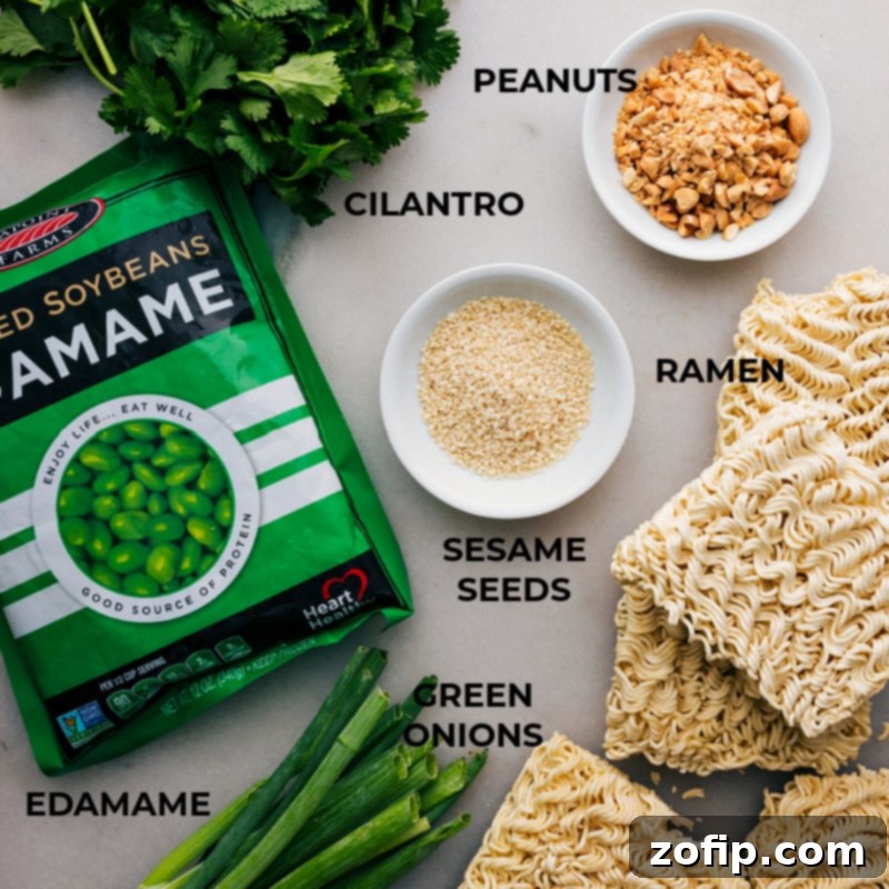 Key ingredients for Peanut Butter Ramen, featuring noodles, edamame, and the savory sauce components. A vibrant display of all the fresh and pantry ingredients laid out for making Peanut Butter Ramen, including noodles, edamame, green onions, and various sauce components.