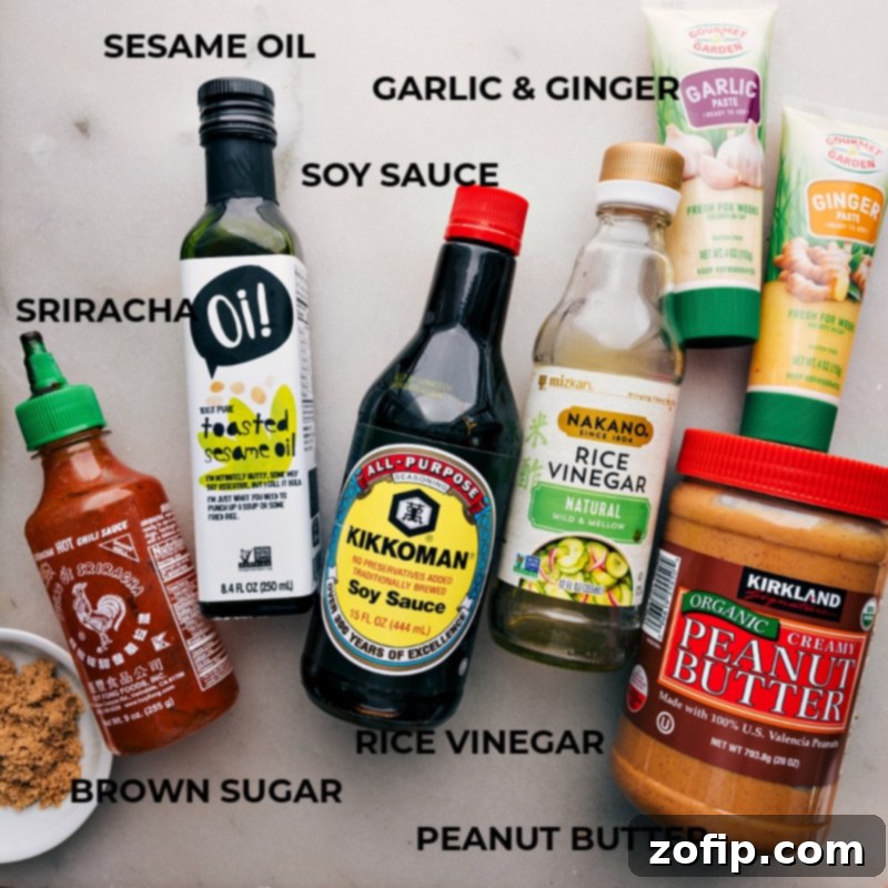 Sauce ingredients for Peanut Butter Ramen, highlighting the creamy peanut butter, soy sauce, and aromatic spices. Close-up image displaying all the individual ingredients required to create the savory and aromatic peanut butter sauce for the ramen.