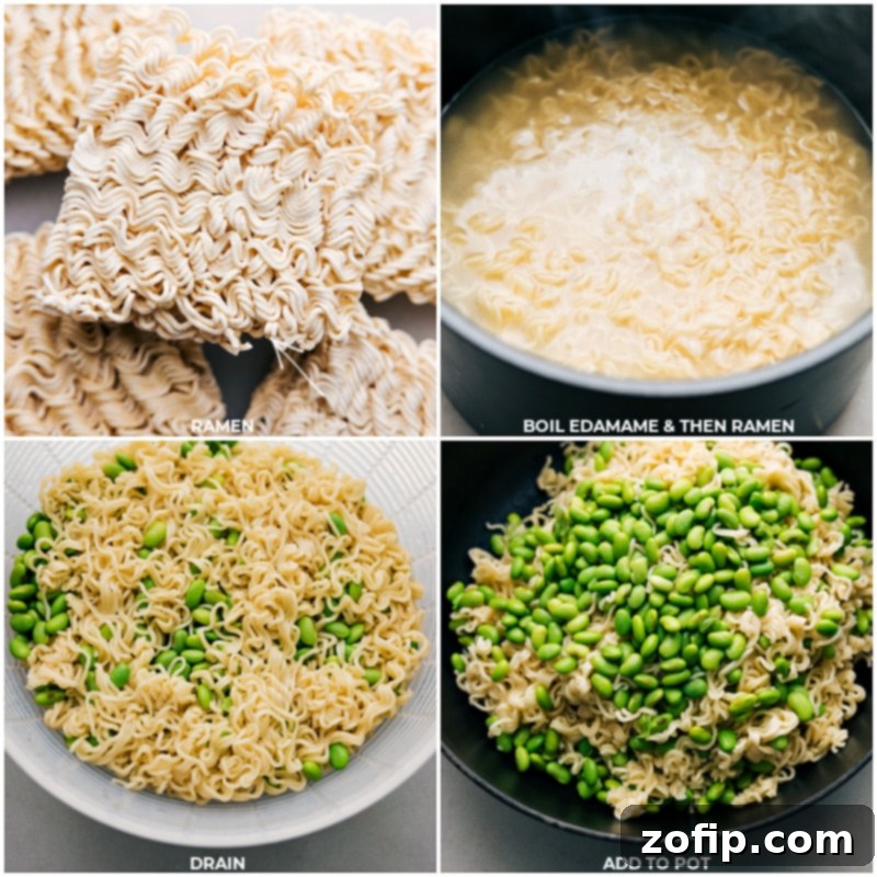Cooking steps for Peanut Butter Ramen: boiling noodles and edamame. A series of process shots showing ramen noodles and edamame being cooked in boiling water, illustrating the initial steps of preparing Peanut Butter Ramen.