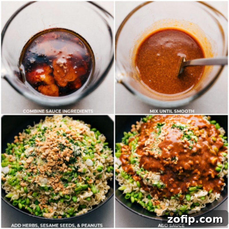 Mixing the flavorful peanut sauce and combining it with Peanut Butter Ramen for a delicious meal. A visual guide showing the peanut butter sauce ingredients being combined in a bowl, followed by the sauce being poured over the cooked ramen noodles, green onions, cilantro, sesame seeds, and peanuts.