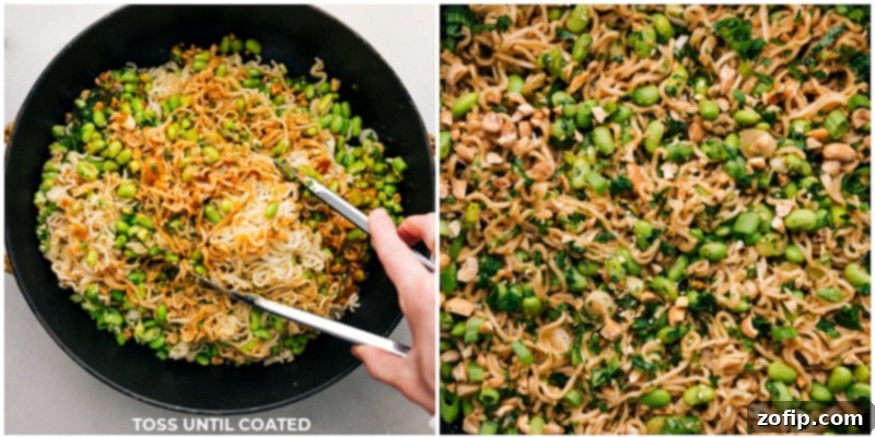 Final steps: tossing ingredients and presenting the finished Peanut Butter Ramen. A dynamic two-panel image showing the prepared Peanut Butter Ramen being tossed with all the fresh ingredients and sauce, followed by a final appetizing shot of the finished dish ready to serve.